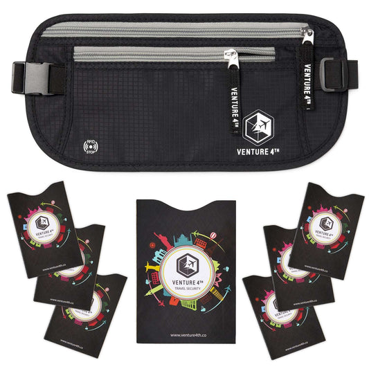Black travel money belt pouch with RFID-blocking design and dual zip compartments.