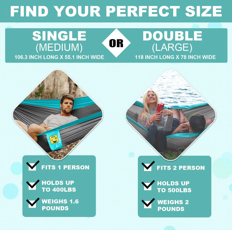 River Country Gear Nylon Hammock – Single & Double with Tree Straps, Carabiners & Carry Case