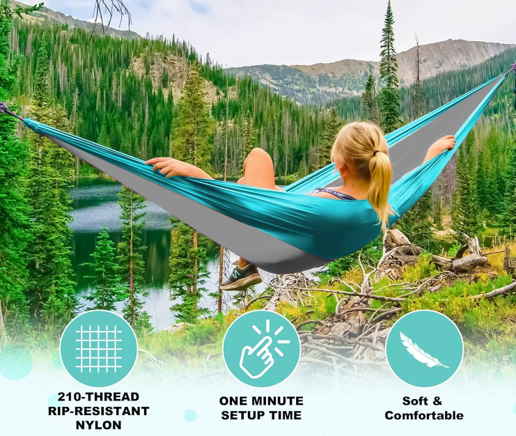 River Country Gear Nylon Hammock – Single & Double with Tree Straps, Carabiners & Carry Case