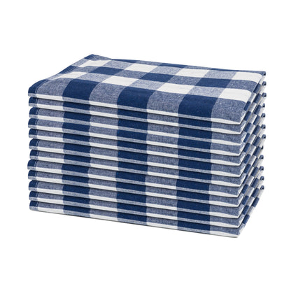 Blue and white plaid cotton dinner napkins, set of 12, folded stack