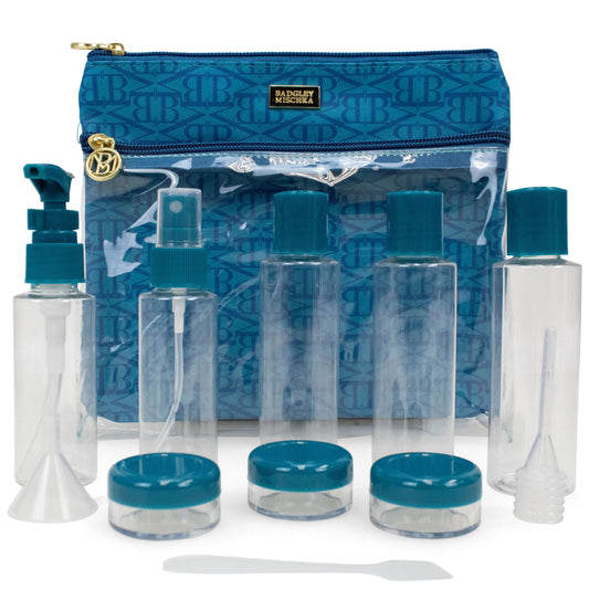 Blue TSA-approved 12-piece travel bottle set in zip pouch with teal caps and pumps