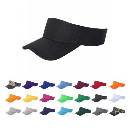 Black sun visor hat with wide brim and stitched front panel