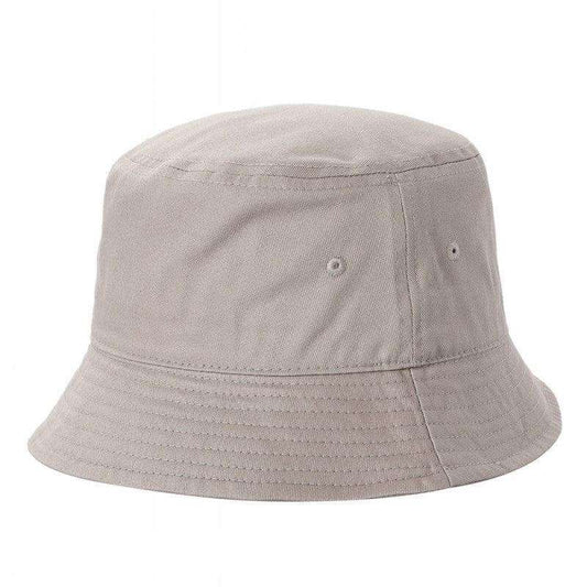 Solid bucket hat in light gray, stitched brim and curved crown.