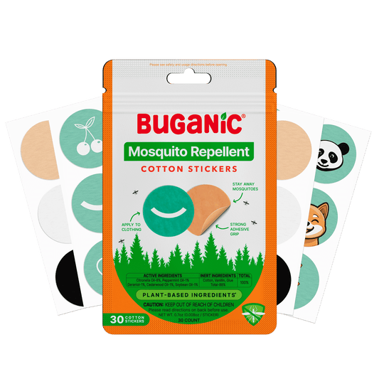 Buganic mosquito repellent cotton stickers pack with orange backing and brand label