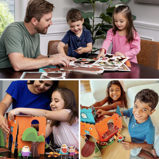 Children assembling an orange castle playset with small accessory pieces on a table