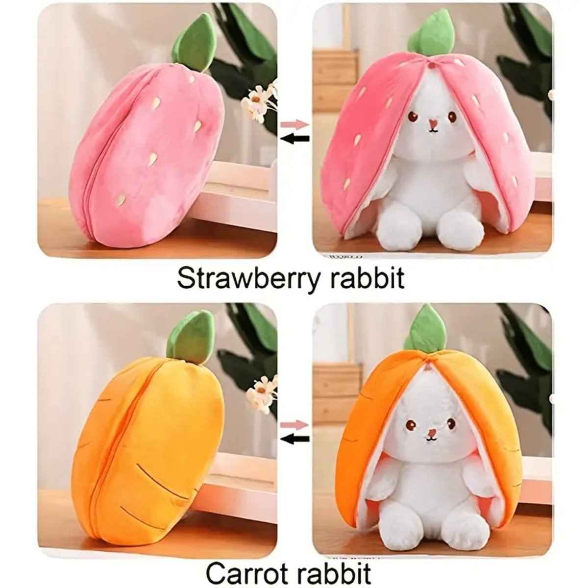 Reversible Bunny Plush Toy – Strawberry & Carrot Hide-and-Seek Stuffed Animal