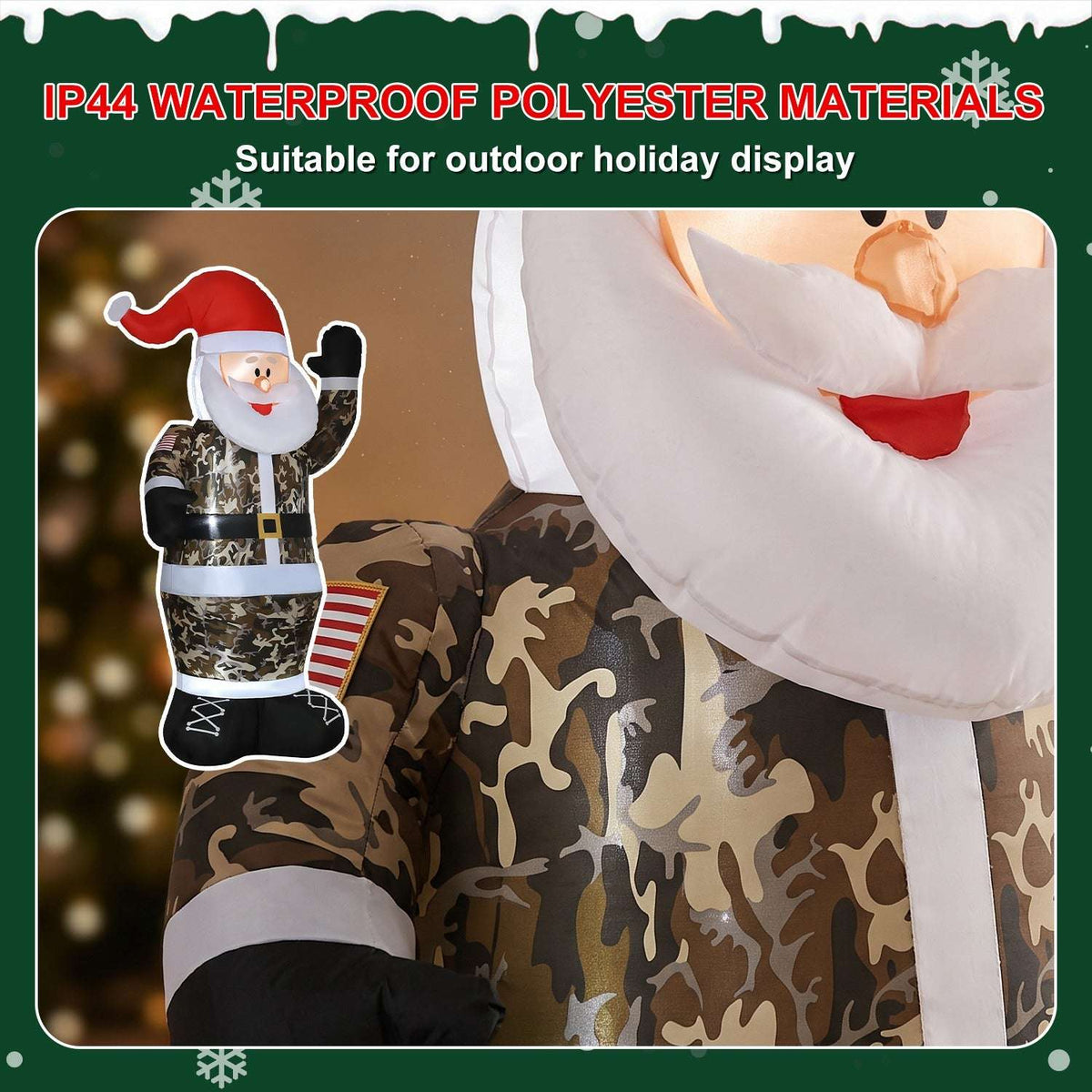 Inflatable camouflage Santa close-up showing polyester fabric, camouflage print, and white beard