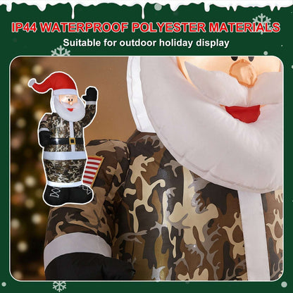 Inflatable camouflage Santa close-up showing polyester fabric, camouflage print, and white beard