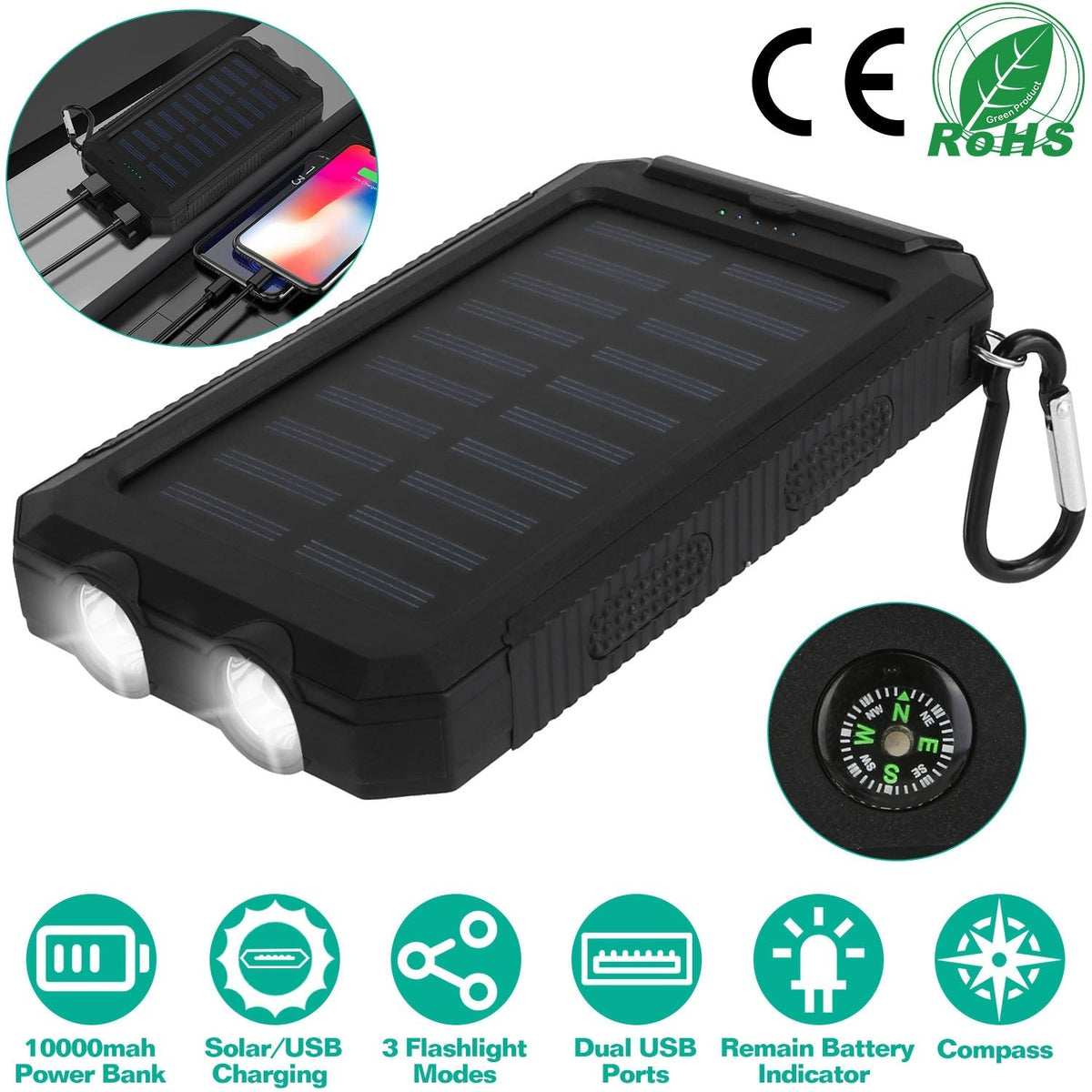 10,000mAh Solar Power Bank – Dual USB, SOS LED Flashlight & Compass | Camping, Hiking & Emergency Charger