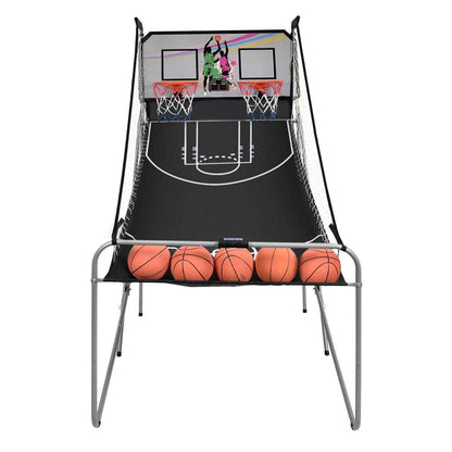 Electronic basketball game with black play mat, two hoops, and orange basketballs on tray