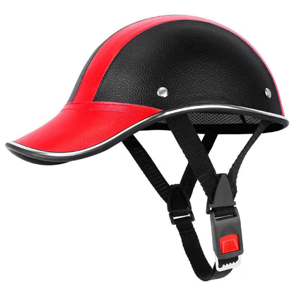 Two-tone leather baseball-style bike helmet, red brim and black shell, adjustable straps