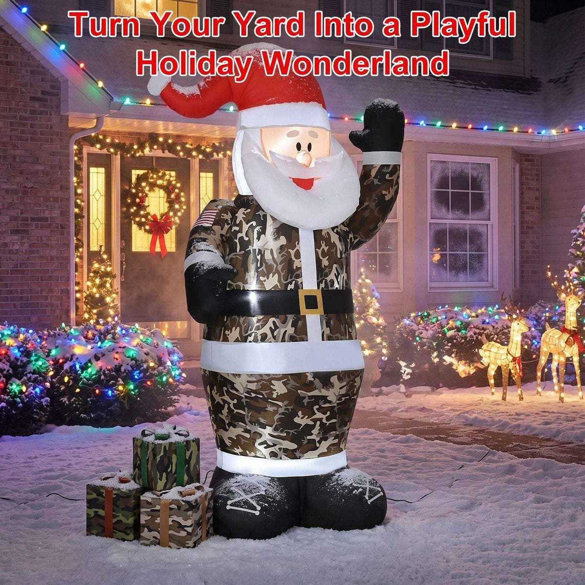 Inflatable camouflage Santa with illuminated white trim and black boots