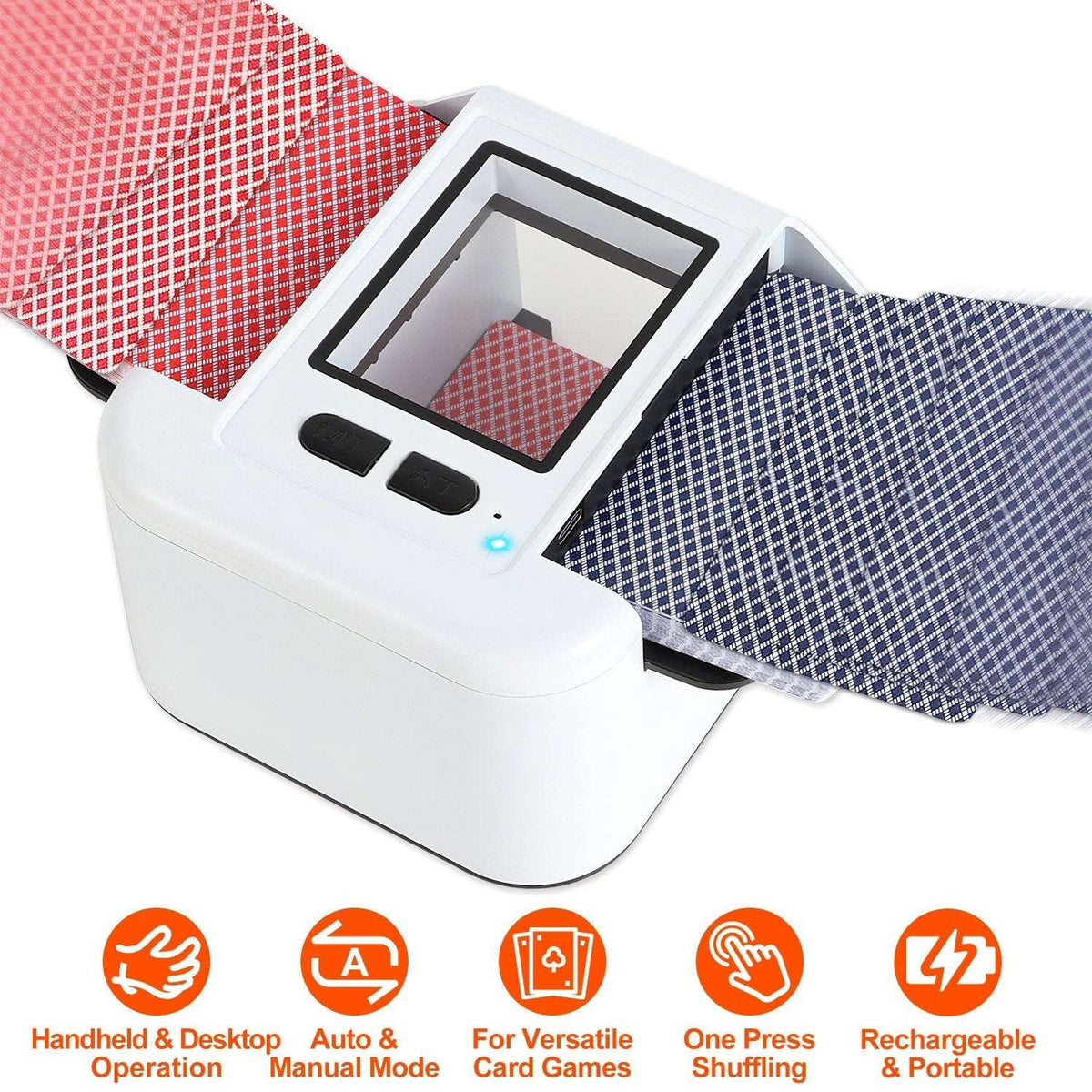 White 2-deck card shuffler with LCD panel and side card trays holding two decks