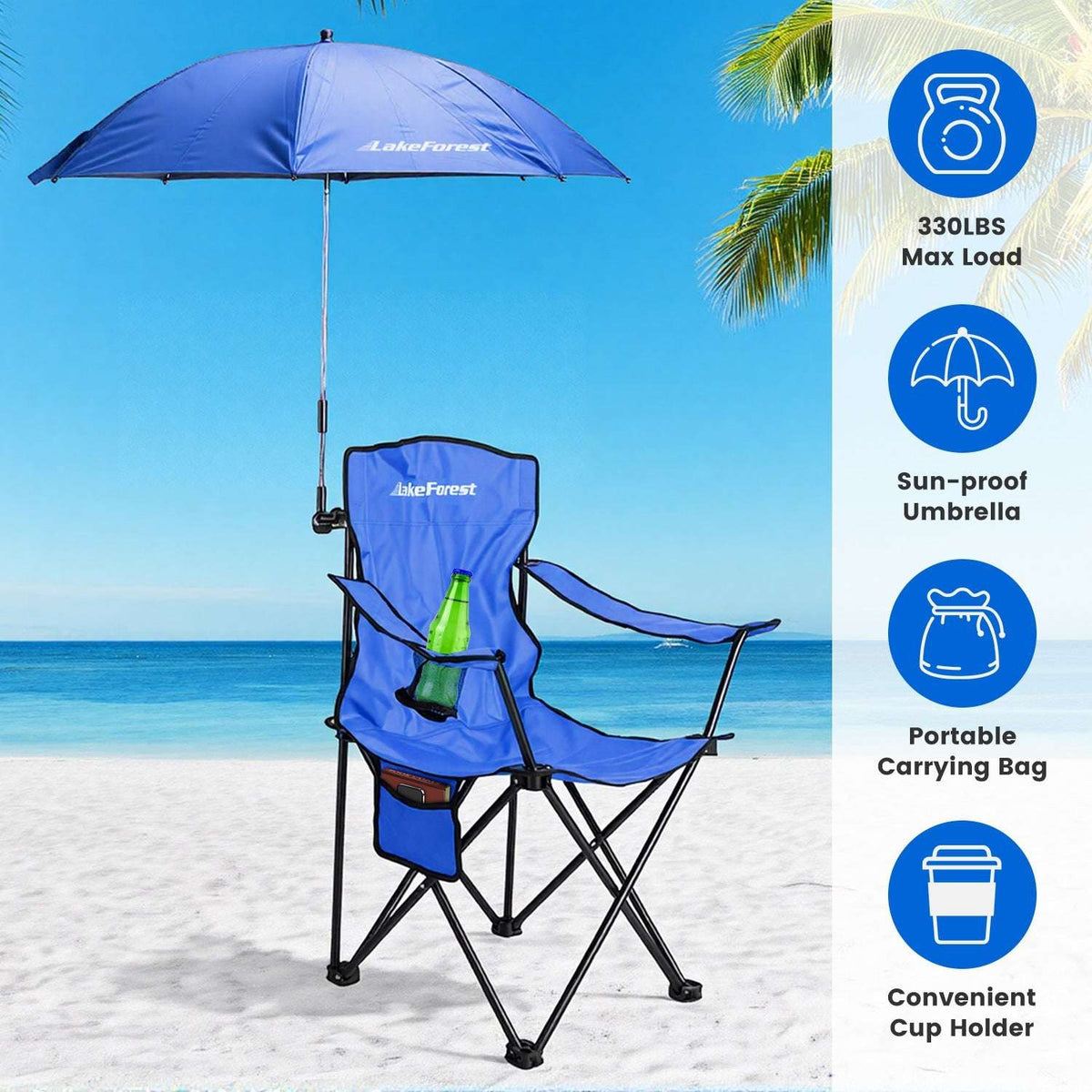 Blue foldable camping chair with sun-proof umbrella, cup holder, and carrying bag