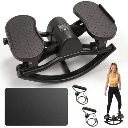 Black swing stepper with LCD monitor, resistance bands, and nonslip mat