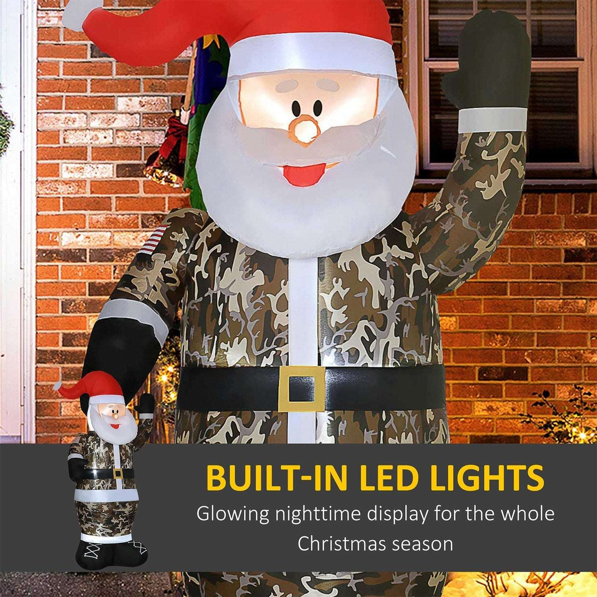 Inflatable camouflage Santa with built-in LED lights glowing through the beard and outfit