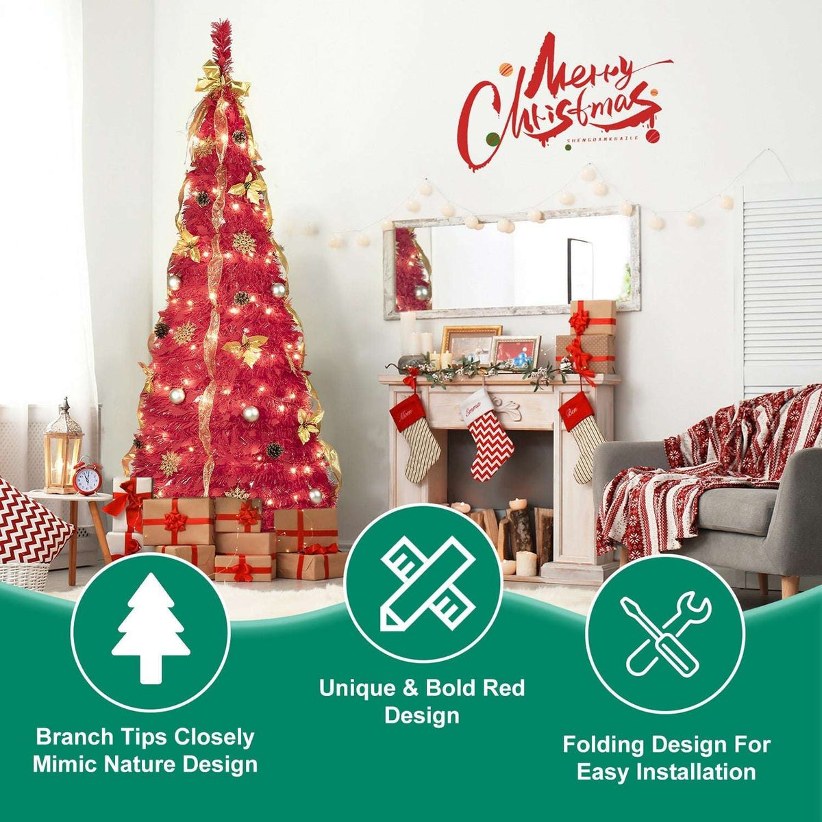 Red pre-lit Christmas tree decorated with gold ribbon and ornaments