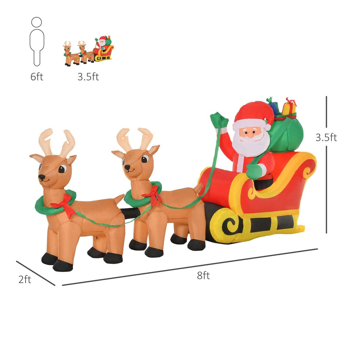 Inflatable Santa sleigh and reindeer, shown with 8-foot length and dimensions