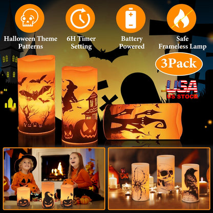 3-Pack Halloween Flameless Candle Lamps with Timer – Witch, Bat & Castle