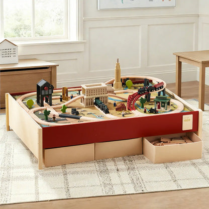 Tiny Land® 1920 Railway Adventure Train Table – 102-Piece Wooden Train Set with Play Table, Sound Effects & Storage | Ages 3+