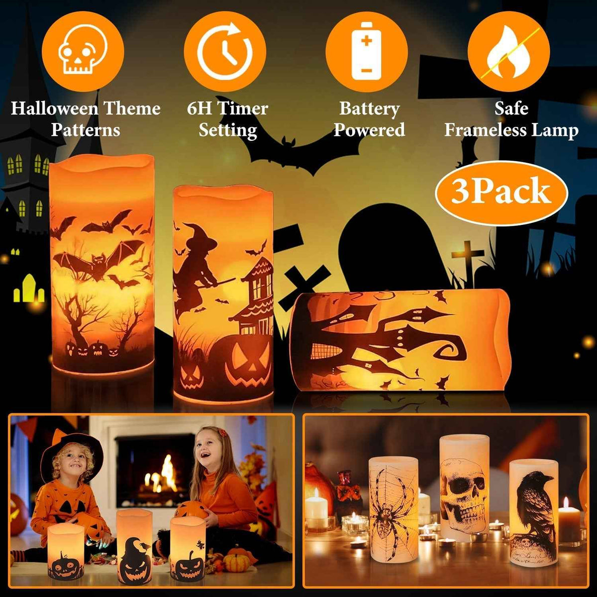 3-Pack Halloween Flameless Candle Lamps with Timer – Witch, Bat & Castle