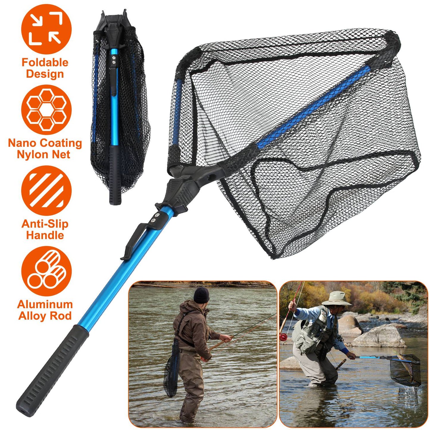 Foldable Fishing Net | Aluminum Handle | Nano-Coated Mesh | Freshwater & Saltwater | Black