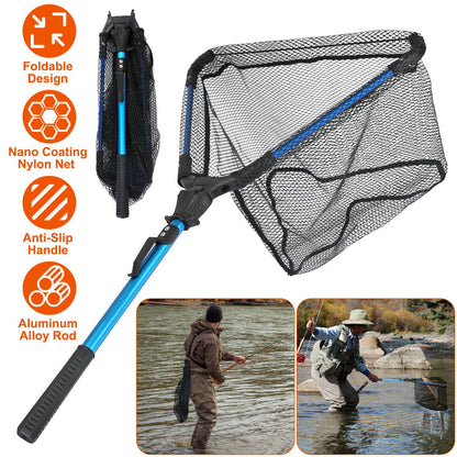 Foldable Fishing Net | Aluminum Handle | Nano-Coated Mesh | Freshwater & Saltwater | Black