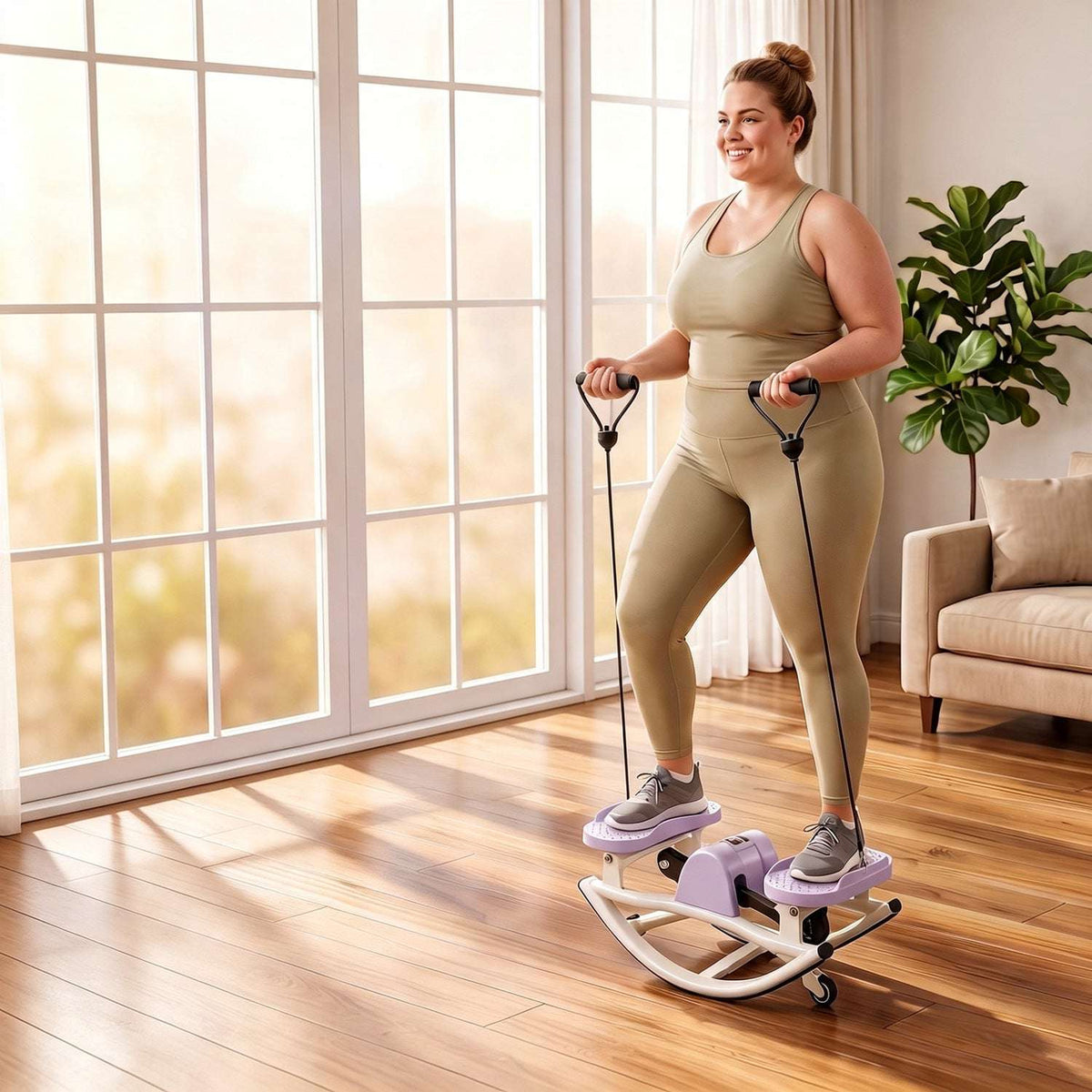 Lavender swing stepper with resistance bands in use for a standing workout