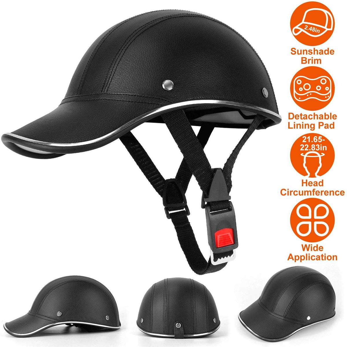 Black leather bicycle helmet with wide sunshade brim, detachable lining pad, chin strap.