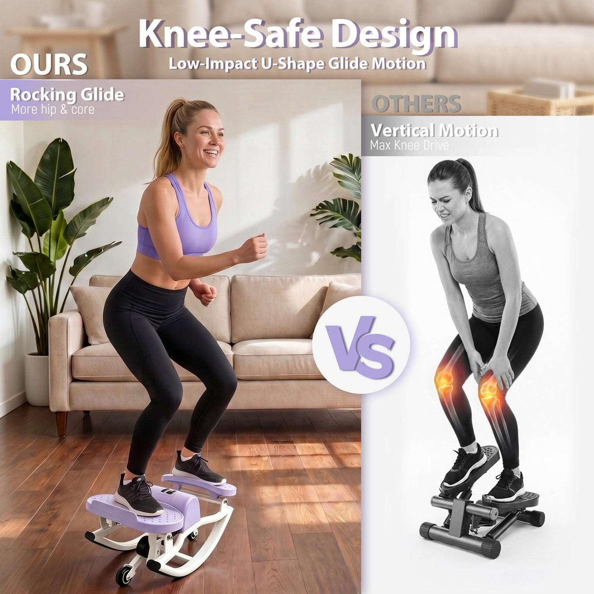 Lavender swing stepper demonstrating a low-impact rocking glide motion