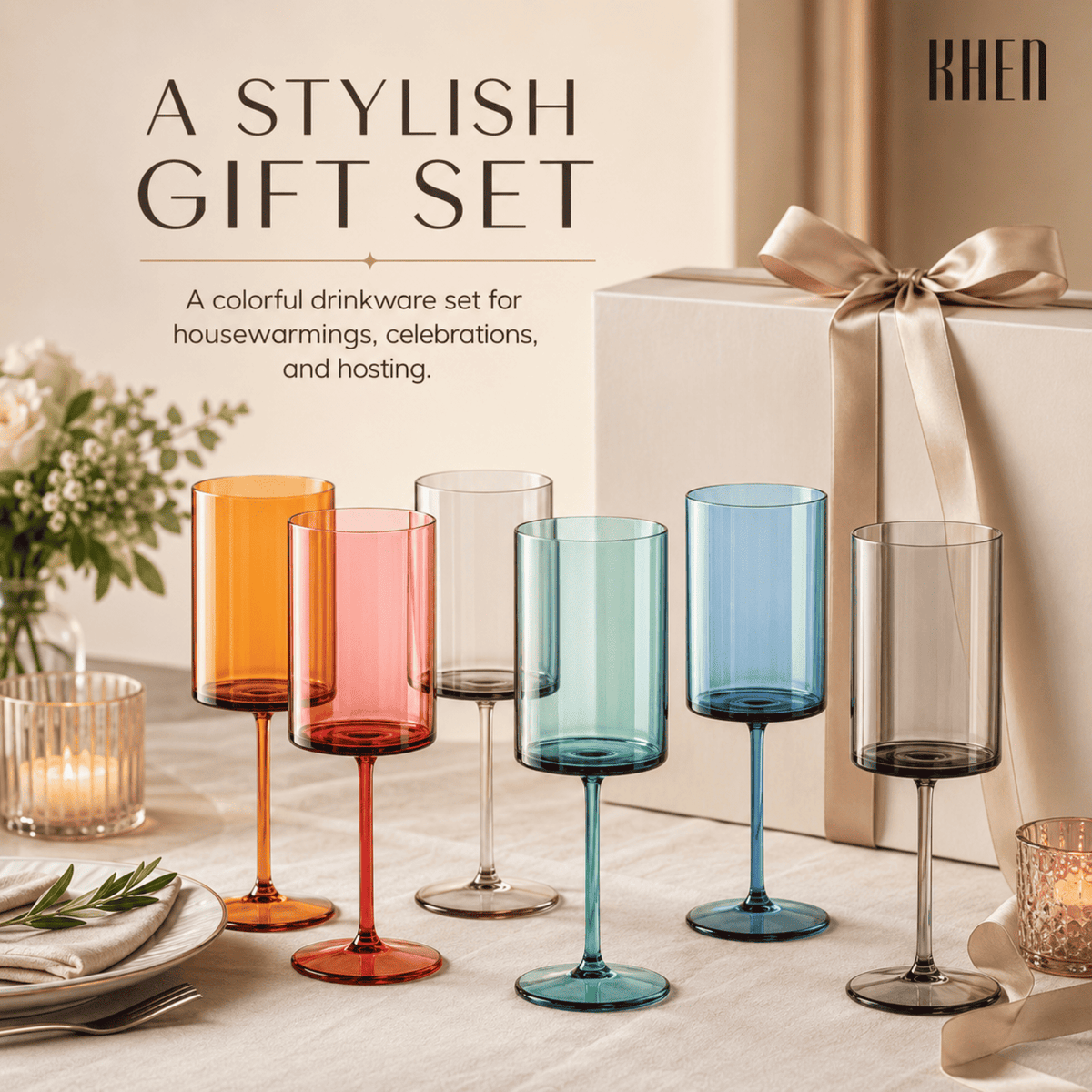 Colored stemmed square acrylic wine glass set displayed with gift box and ribbon