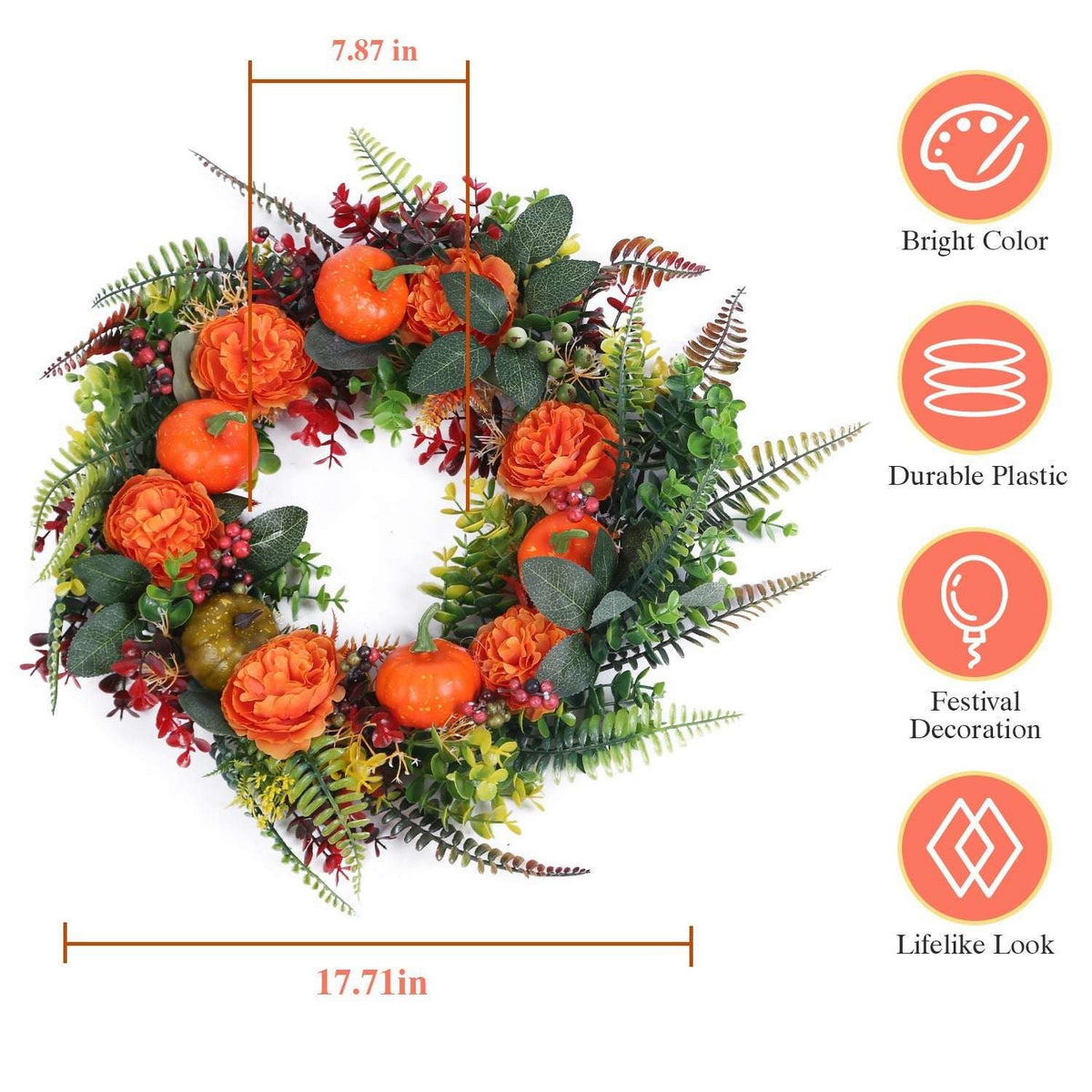 17.71 in autumn wreath with faux pumpkins, orange roses, and mixed green leaves