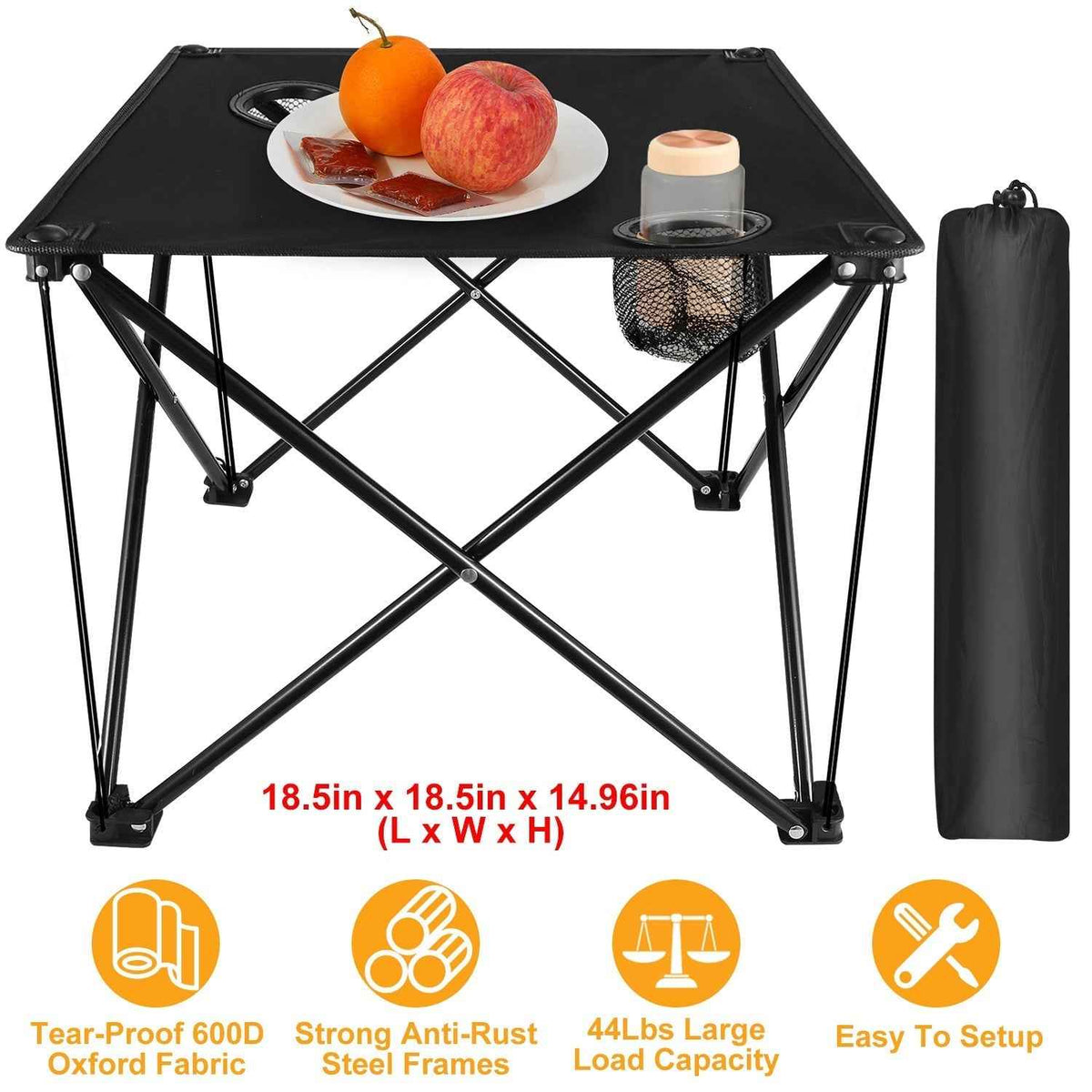 Foldable Camping Table – 600D Oxford Fabric, 44 lb Capacity | Cup Holder & Carry Bag | Camping, Picnic & Beach | Black