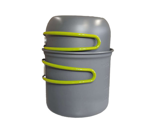 Dark gray aluminum camping pots, two nesting sizes, lime rubber loop handles