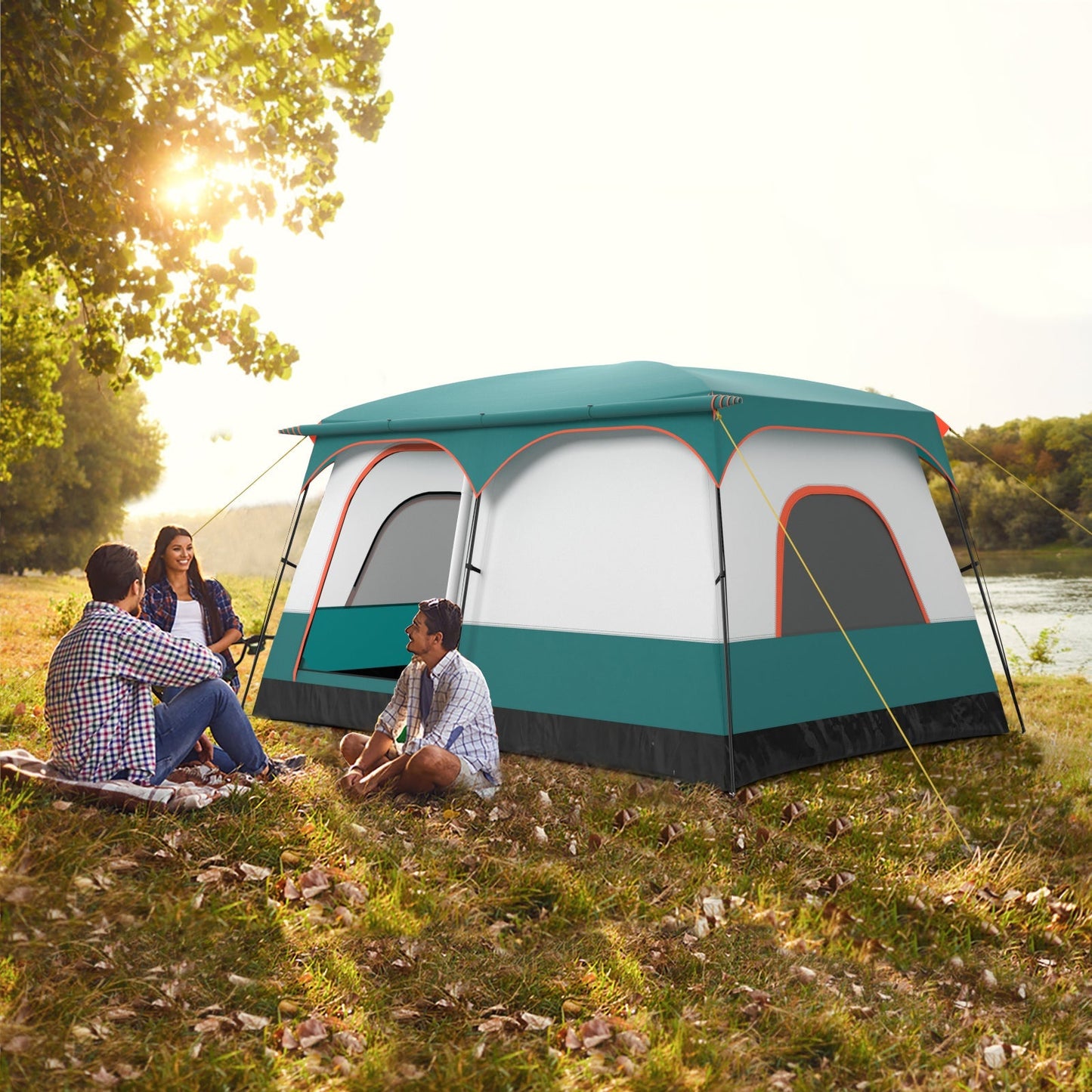 6–8 Person Camping Tent | Double Rooms | 2 Doors | Porch | 1000mm Rainfly + 3000mm Floor | Navy or Green