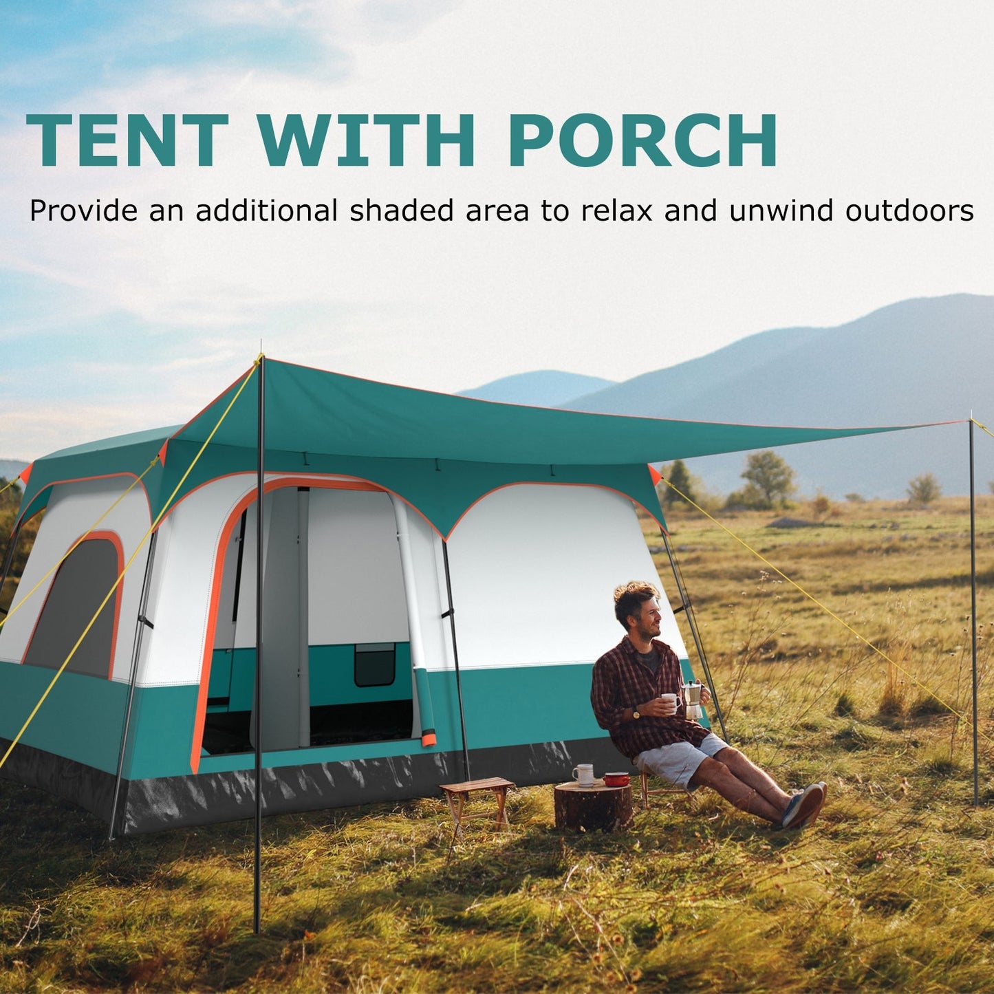 6–8 Person Camping Tent | Double Rooms | 2 Doors | Porch | 1000mm Rainfly + 3000mm Floor | Navy or Green