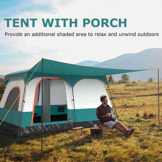 Green camping tent with covered porch area and front door openings, outdoors