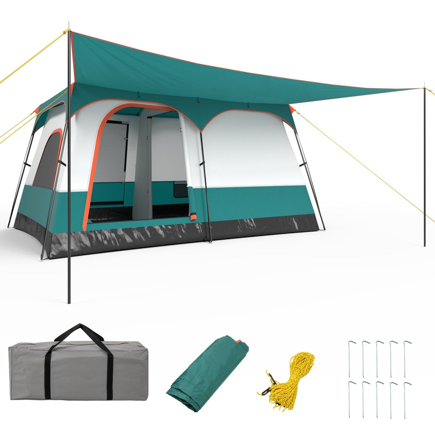 6–8 Person Camping Tent | Double Rooms | 2 Doors | Porch | 1000mm Rainfly + 3000mm Floor | Navy or Green