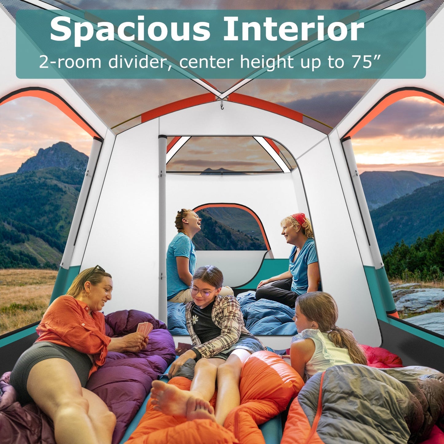 6–8 Person Camping Tent | Double Rooms | 2 Doors | Porch | 1000mm Rainfly + 3000mm Floor | Navy or Green