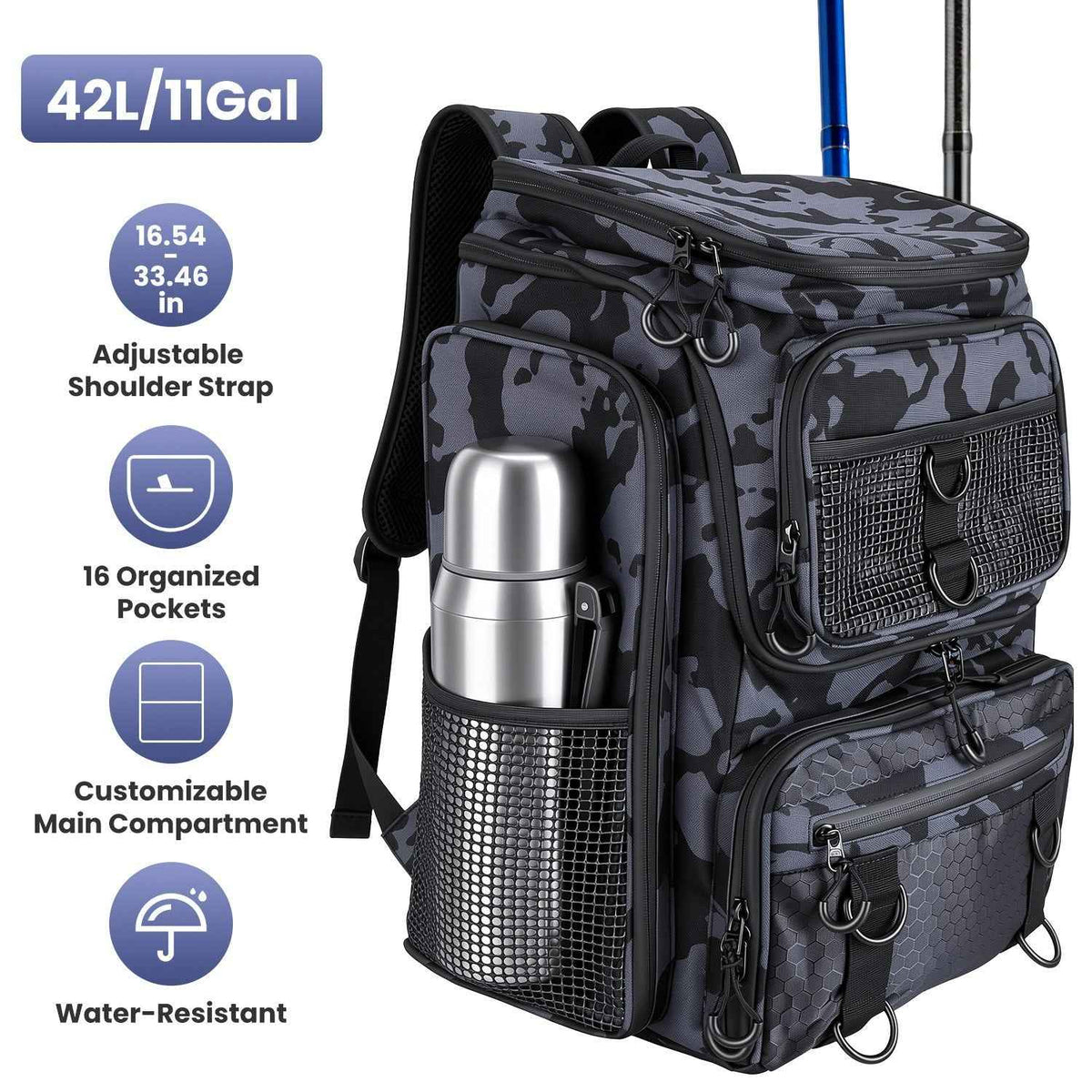 LakeForest Fishing Backpack – 42L, 16 Pockets, Dual Rod Holders & 8 D-Rings | 900D Polyester | 14.96"x9.06"x18.9" | Camo