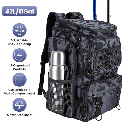 LakeForest Fishing Backpack – 42L, 16 Pockets, Dual Rod Holders & 8 D-Rings | 900D Polyester | 14.96"x9.06"x18.9" | Camo
