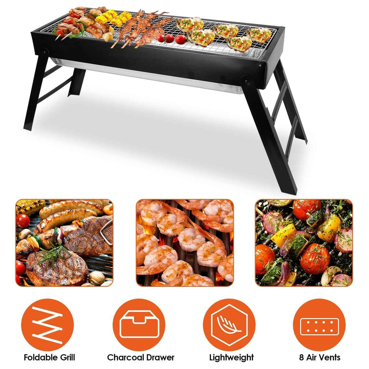 Foldable Charcoal BBQ Grill – Stainless Steel Grate, Pull-Out Charcoal Drawer | Portable Tabletop Grill for Camping & Picnics