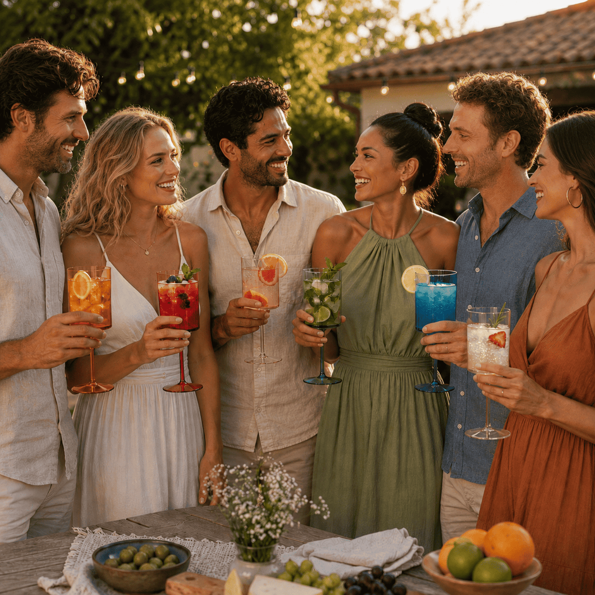 Friends toasting with colorful stemmed square acrylic wine glasses at an outdoor gathering