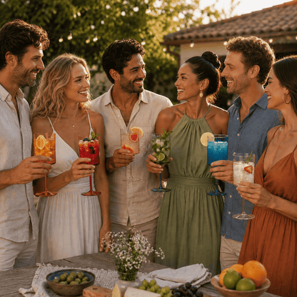 Friends toasting with colorful stemmed square acrylic wine glasses at an outdoor gathering