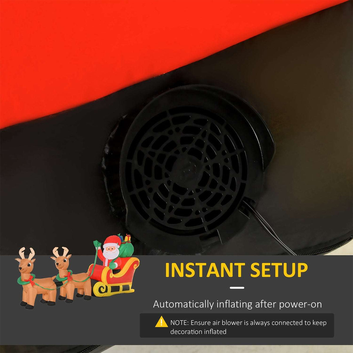 Inflatable Santa sleigh decoration with a close-up of its air blower