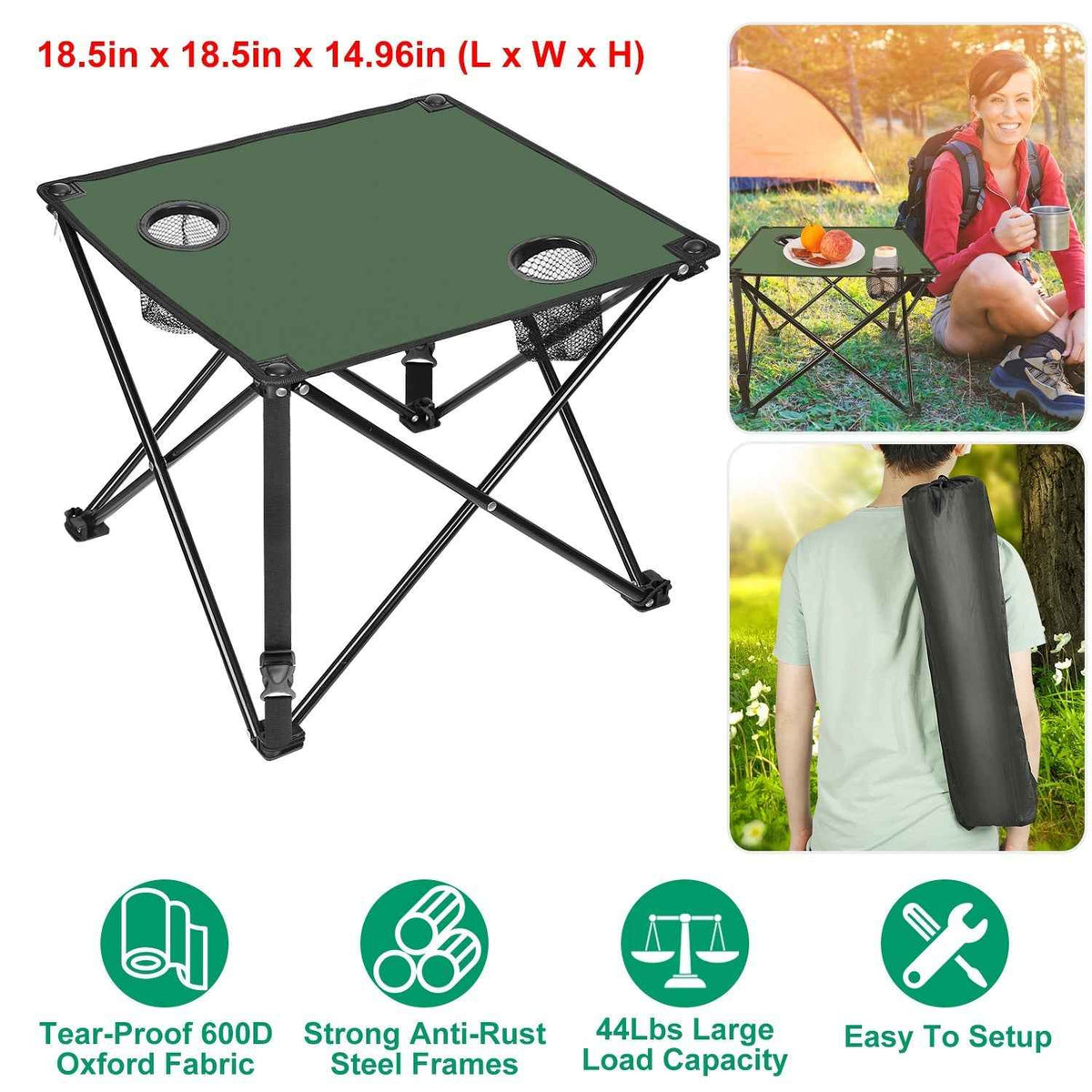 LakeForest Folding Camping Table with 2 Cup Holders – 600D Oxford, 44 lb Capacity | 18.5"x18.5" | 2.2 lbs | 1-Pc & 2-Pc Sets