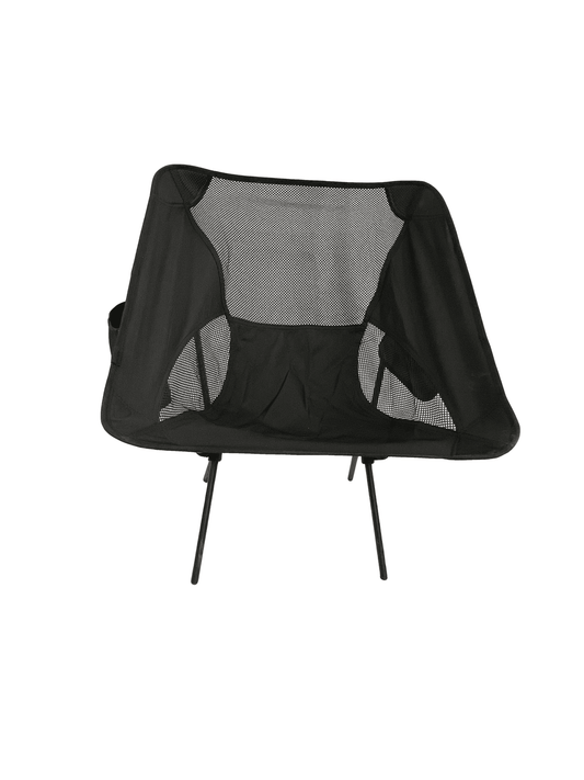 Foldable camp chair with black fabric sides and gray mesh back and seat