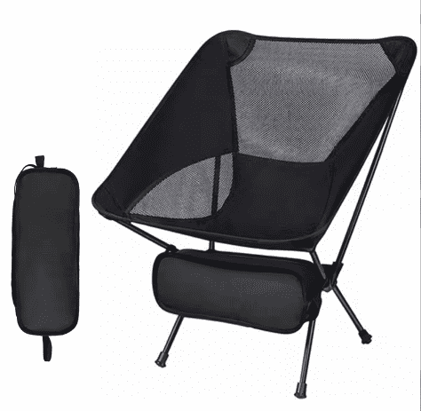 Foldable camp chair with black mesh seat, padded armrest, and cup-holder pocket