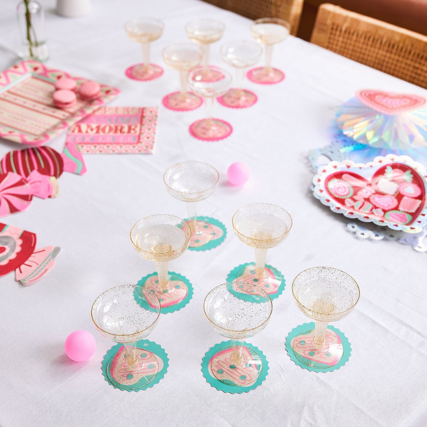 Champagne Plink Party Game Set – 12 Coupes, 12 Coasters & 2 Pink Pong Balls | Bridal & NYE