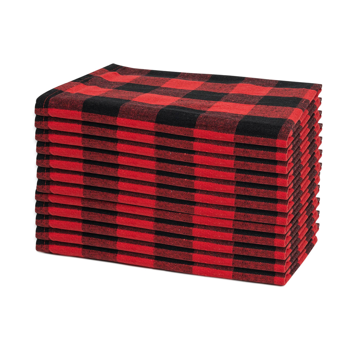 Red and black plaid cotton dinner napkins, set of 12, folded stack
